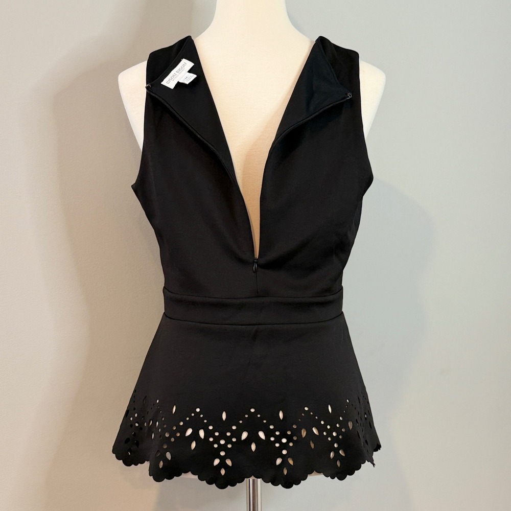 Bisou Bisou Black Geometric Laser Cut Peplum Waist Sleeveless Top M - Picture 3 of 13
